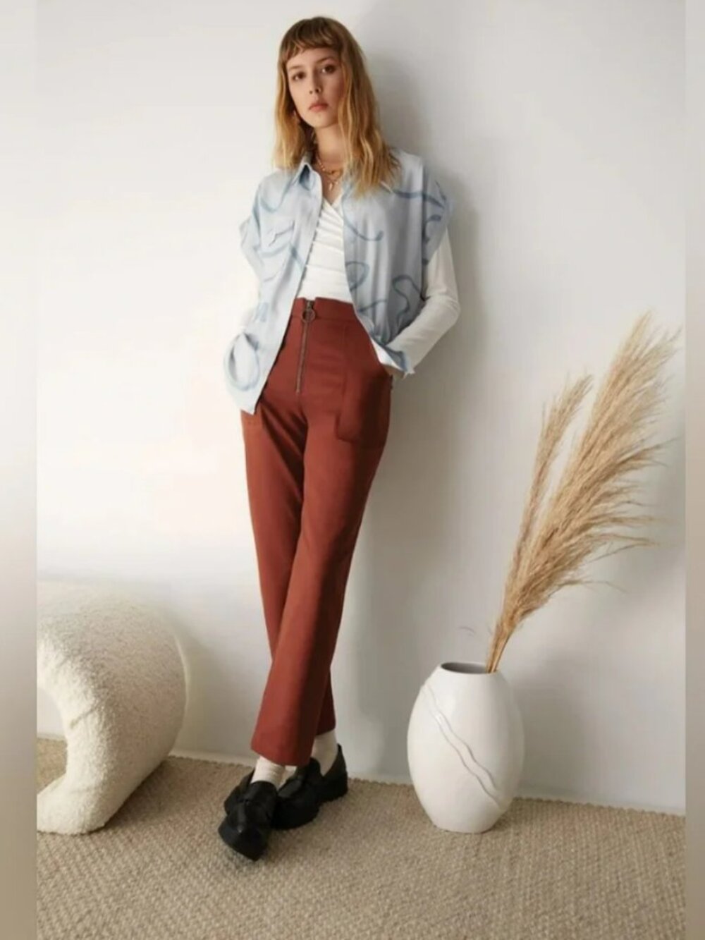 Eve Gravel Reed Pants Terracotta Large Straight Leg Cotton High Rise Ankle